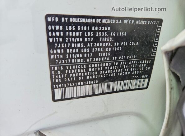 3VV1B7AX1MM145670 2021 VOLKSWAGEN TIGUAN Белый Вид наклейки с VIN-кодом