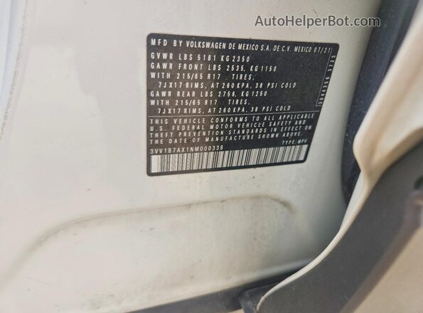 3VV1B7AX1NM000338 2022 VOLKSWAGEN TIGUAN White Вид наклейки з VIN-кодом