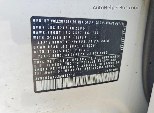 3VV1B7AX2JM036114 2018 VOLKSWAGEN TIGUAN White Вид наклейки з VIN-кодом