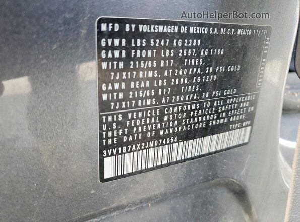 3VV1B7AX2JM074054 2018 VOLKSWAGEN TIGUAN Gray VIN კოდის სტიკერის ხედი