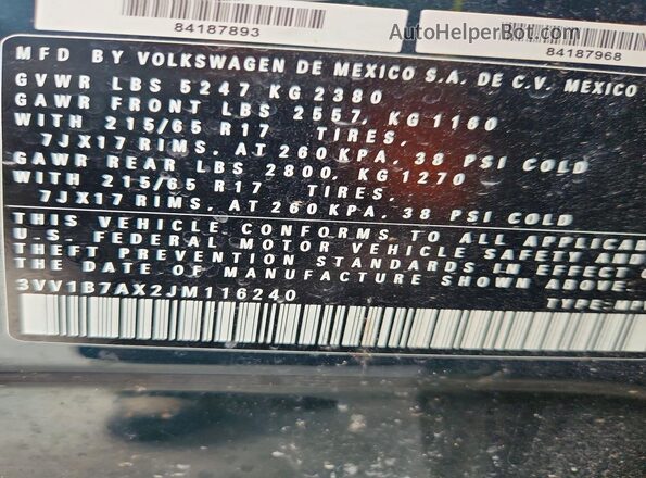 3VV1B7AX2JM116240 2018 VOLKSWAGEN TIGUAN Green Vista de la etiqueta del VIN