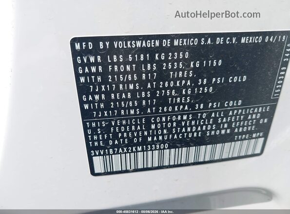 3VV1B7AX2KM133900 2019 VOLKSWAGEN TIGUAN White Widok komory silnika