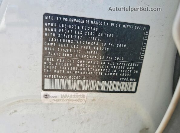 3VV1B7AX2LM020014 2020 VOLKSWAGEN TIGUAN White Вид наклейки з VIN-кодом