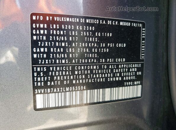 3VV1B7AX2LM053594 2020 VOLKSWAGEN TIGUAN Серый Панорамный вид салона 360°