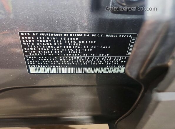 3VV1B7AX2NM082791 2022 VOLKSWAGEN TIGUAN Gray Widok naklejki z numerem VIN