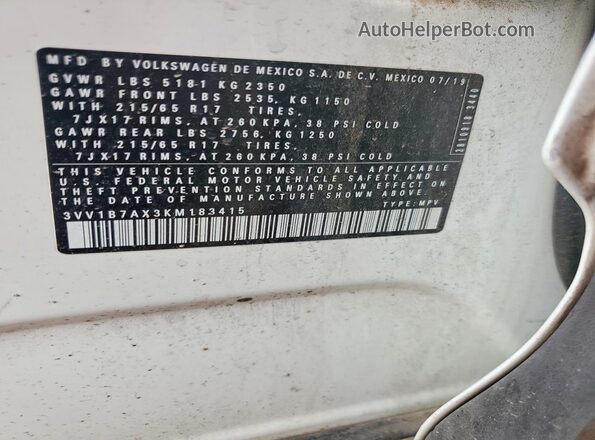 3VV1B7AX3KM183415 2019 VOLKSWAGEN TIGUAN White Вид наклейки з VIN-кодом