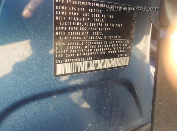 3VV1B7AX3KM198965 2019 VOLKSWAGEN TIGUAN Blue Вид наклейки з VIN-кодом