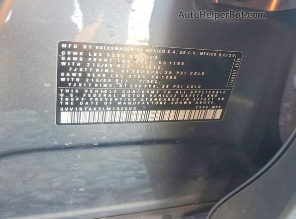 3VV1B7AX3LM132563 2020 VOLKSWAGEN TIGUAN Gray VIN կոդի պիտակի տեսք