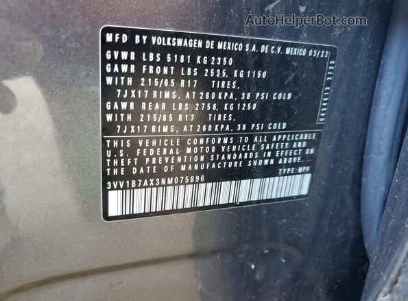 3VV1B7AX3NM075896 2022 VOLKSWAGEN TIGUAN Gray Vista de la etiqueta del VIN
