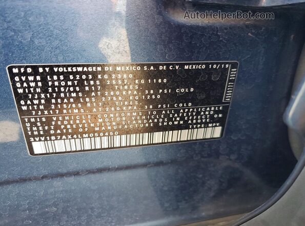 3VV1B7AX4LM056450 2020 VOLKSWAGEN TIGUAN Blue Vista del compartimento del motor