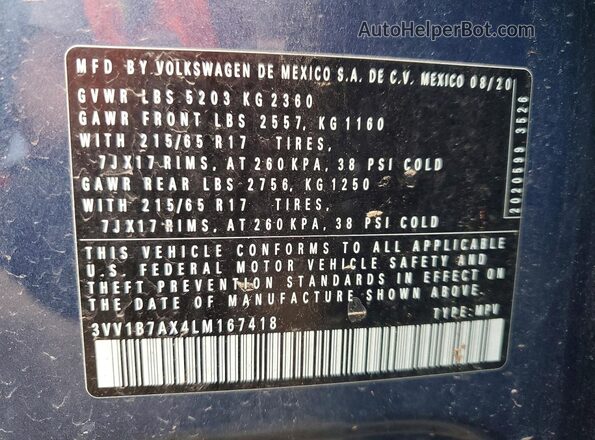 3VV1B7AX4LM167418 2020 VOLKSWAGEN TIGUAN Blue Vista de la etiqueta del VIN