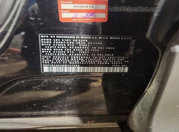 3VV1B7AX4NM147284 2022 VOLKSWAGEN TIGUAN Black VIN კოდის სტიკერის ხედი