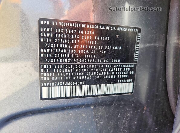 3VV1B7AX5JM054509 2018 VOLKSWAGEN TIGUAN Серый Вид наклейки с VIN-кодом