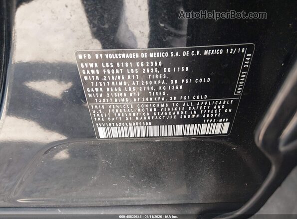 3VV1B7AX6KM059395 2019 VOLKSWAGEN TIGUAN Black Engine compartment view