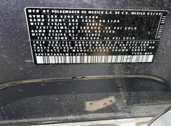3VV1B7AX6LM112078 2020 VOLKSWAGEN TIGUAN Charcoal VIN կոդի պիտակի տեսք