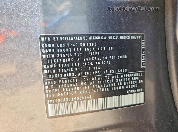 3VV1B7AX7JM009944 2018 VOLKSWAGEN TIGUAN Charcoal Widok wnętrza 360 stopni