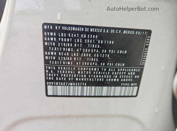 3VV1B7AX7JM033774 2018 VOLKSWAGEN TIGUAN White Vista de la etiqueta del VIN