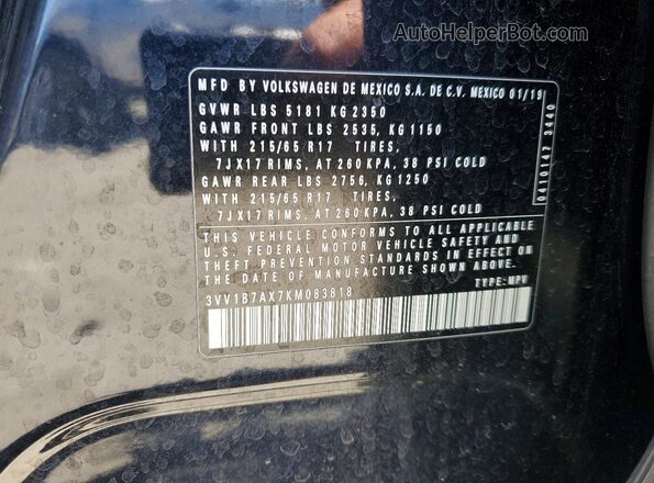 3VV1B7AX7KM083818 2019 VOLKSWAGEN TIGUAN Black Вид наклейки з VIN-кодом