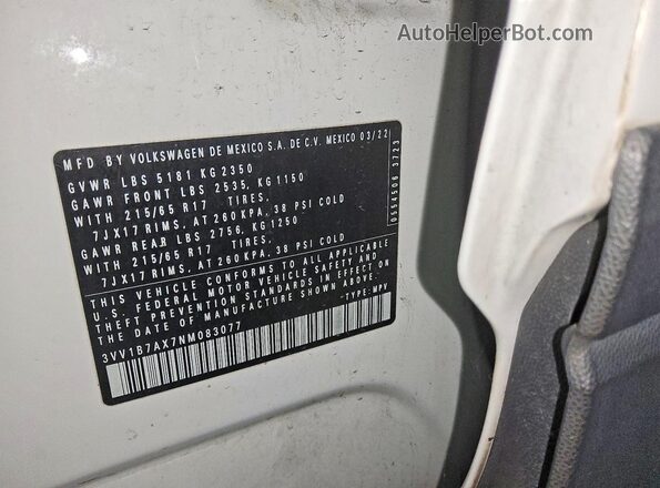 3VV1B7AX7NM083077 2022 VOLKSWAGEN TIGUAN White VIN კოდის სტიკერის ხედი
