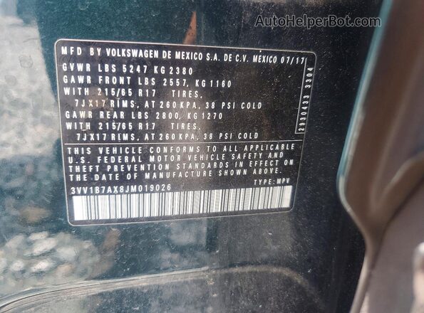 3VV1B7AX8JM019026 2018 VOLKSWAGEN TIGUAN Green VIN კოდის სტიკერის ხედი
