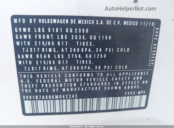 3VV1B7AX8KM042243 2019 VOLKSWAGEN TIGUAN White Widok komory silnika