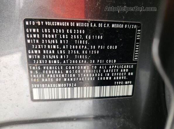 3VV1B7AX8LM097924 2020 VOLKSWAGEN TIGUAN Gray 360 interior view