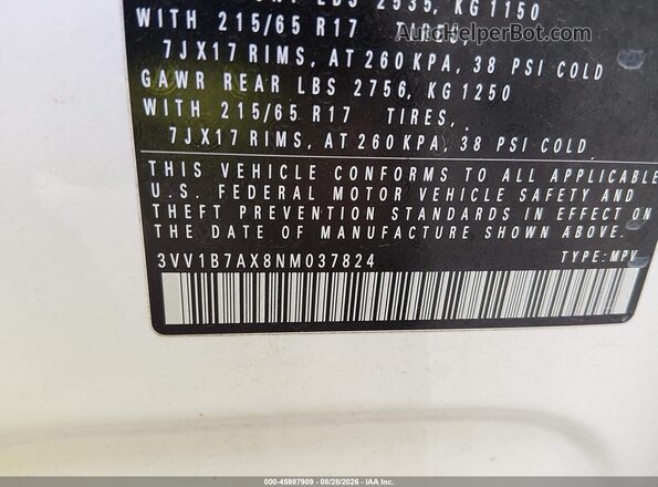 3VV1B7AX8NM037824 2022 VOLKSWAGEN TIGUAN White Вид підкапотного простору