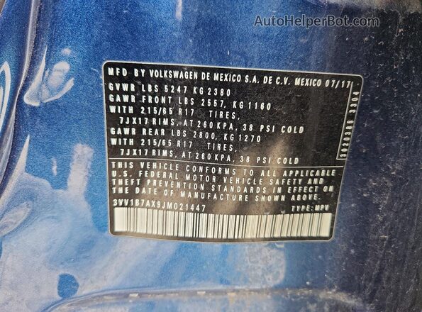 3VV1B7AX9JM021447 2018 VOLKSWAGEN TIGUAN Blue Widok naklejki z numerem VIN