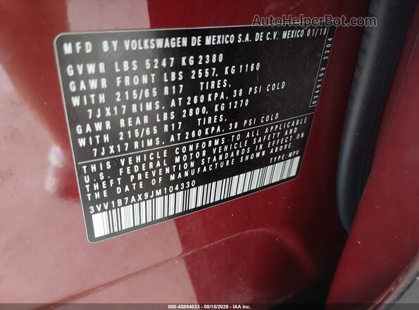 3VV1B7AX9JM104330 2018 VOLKSWAGEN TIGUAN Red Вид підкапотного простору