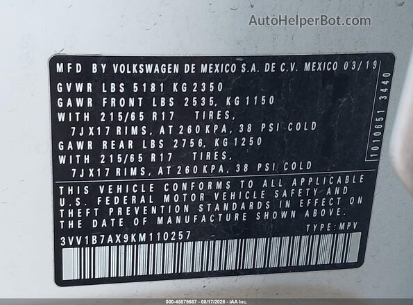 3VV1B7AX9KM110257 2019 VOLKSWAGEN TIGUAN White Շարժիչի բաժամունքի տեսք