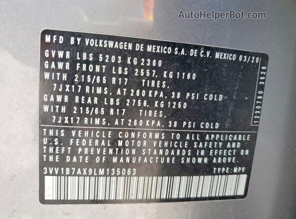3VV1B7AX9LM135063 2020 VOLKSWAGEN TIGUAN Silver Панорамний вид салону 360°