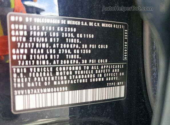3VV1B7AX9MM086996 2021 VOLKSWAGEN TIGUAN Black VIN sticker view