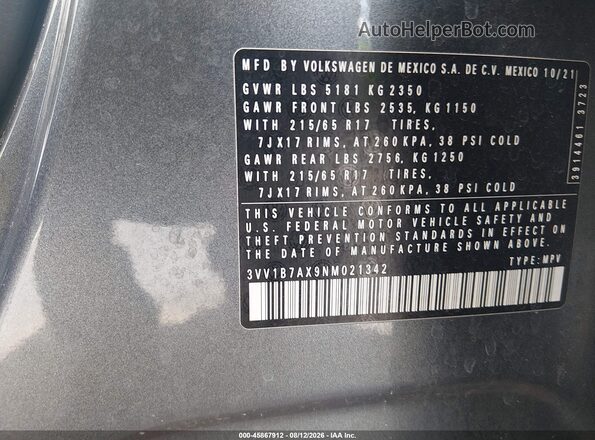 3VV1B7AX9NM021342 2022 VOLKSWAGEN TIGUAN Gray Vista del compartimento del motor