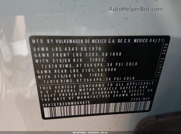 3VV1X7B20NM004675 2022 VOLKSWAGEN TAOS White Engine compartment view