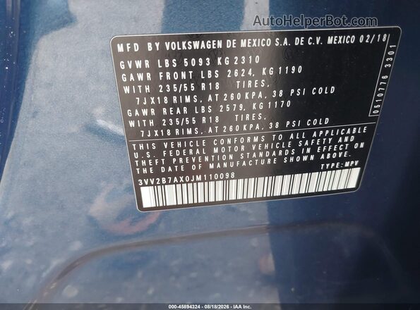 3VV2B7AX0JM110098 2018 VOLKSWAGEN TIGUAN Blue Вид підкапотного простору
