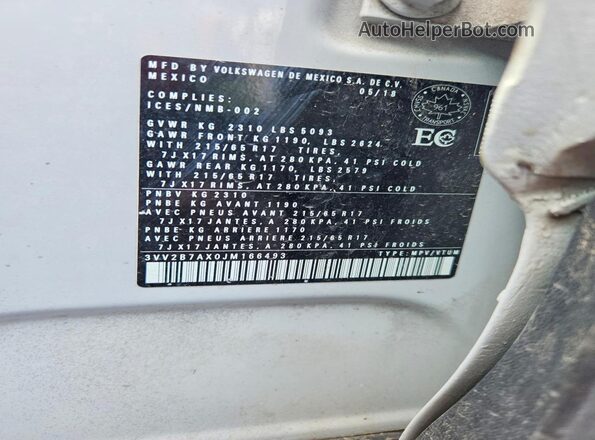 3VV2B7AX0JM166493 2018 VOLKSWAGEN TIGUAN Серебряный Вид наклейки с VIN-кодом