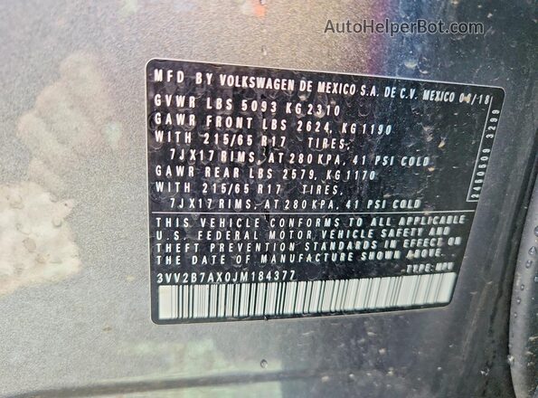 3VV2B7AX0JM184377 2018 VOLKSWAGEN TIGUAN Gray VIN sticker view
