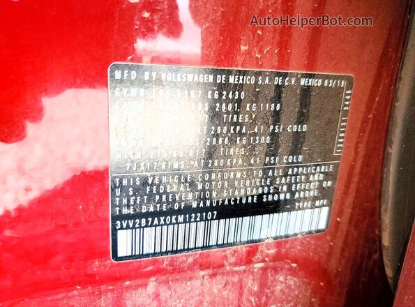 3VV2B7AX0KM122107 2019 VOLKSWAGEN TIGUAN Maroon Vista de la etiqueta del VIN