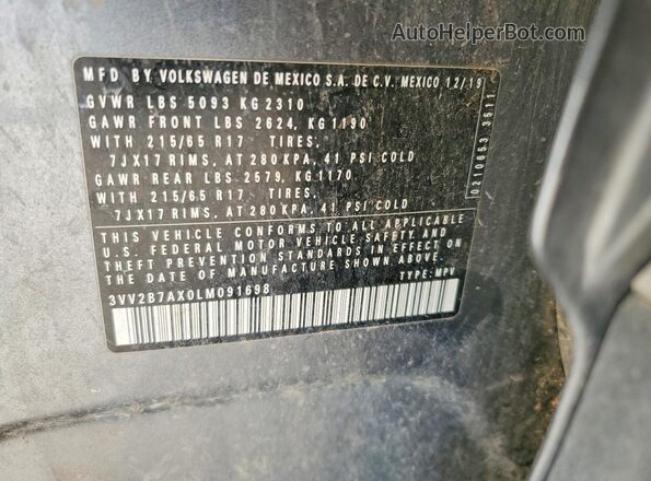 3VV2B7AX0LM091698 2020 VOLKSWAGEN TIGUAN Серый Вид наклейки с VIN-кодом