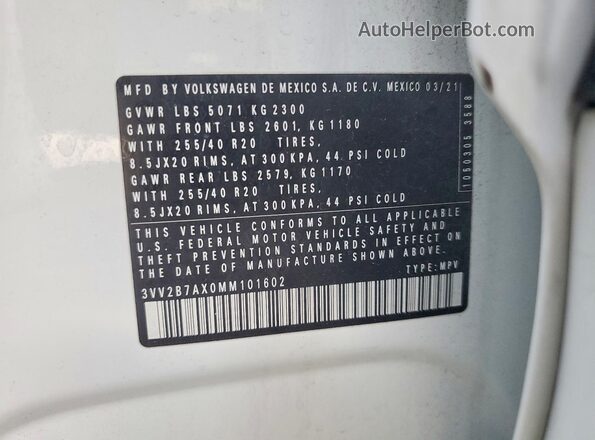 3VV2B7AX0MM101602 2021 VOLKSWAGEN TIGUAN White Vista de la etiqueta del VIN