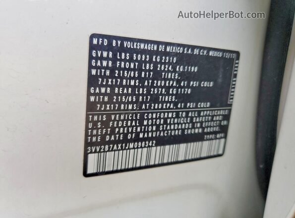 3VV2B7AX1JM096342 2018 VOLKSWAGEN TIGUAN White VIN sticker view
