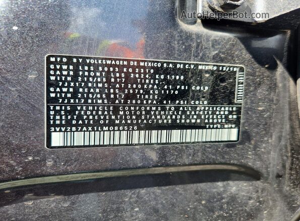 3VV2B7AX1LM086526 2020 VOLKSWAGEN TIGUAN Gray VIN կոդի պիտակի տեսք