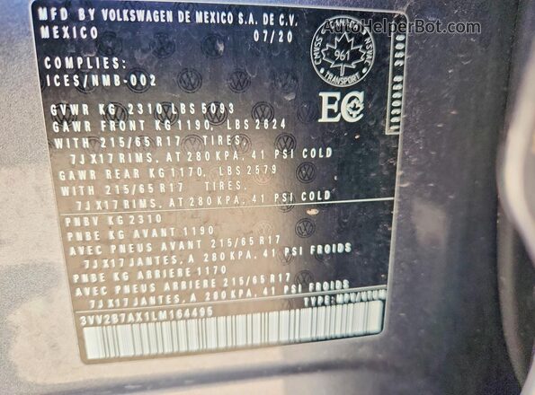 3VV2B7AX1LM164495 2020 VOLKSWAGEN TIGUAN Gray Widok wnętrza 360 stopni