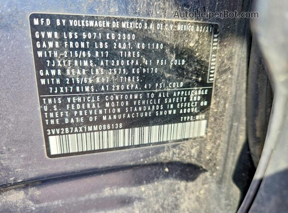 3VV2B7AX1MM086138 2021 VOLKSWAGEN TIGUAN Gray VIN կոդի պիտակի տեսք