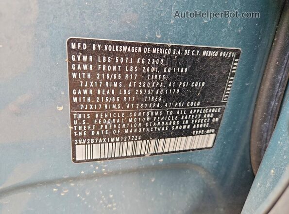 3VV2B7AX1MM127724 2021 VOLKSWAGEN TIGUAN Бирюзовый Вид подкапотного пространства