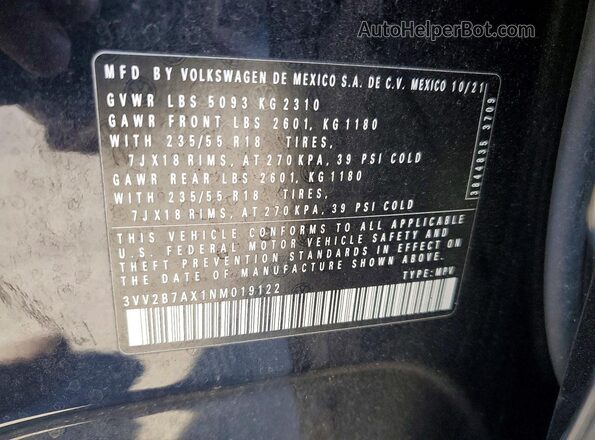 3VV2B7AX1NM019122 2022 VOLKSWAGEN TIGUAN Black VIN კოდის სტიკერის ხედი