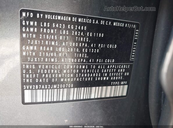 3VV2B7AX2JM200708 2018 VOLKSWAGEN TIGUAN Gray Engine compartment view