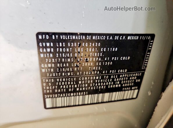 3VV2B7AX2KM038631 2019 VOLKSWAGEN TIGUAN Белый Вид наклейки с VIN-кодом