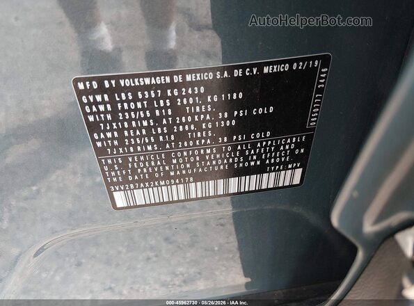 3VV2B7AX2KM094178 2019 VOLKSWAGEN TIGUAN Teal Engine compartment view
