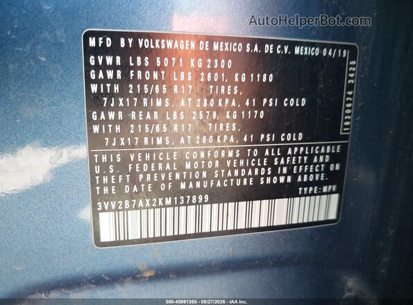 3VV2B7AX2KM137899 2019 VOLKSWAGEN TIGUAN Синий Вид подкапотного пространства